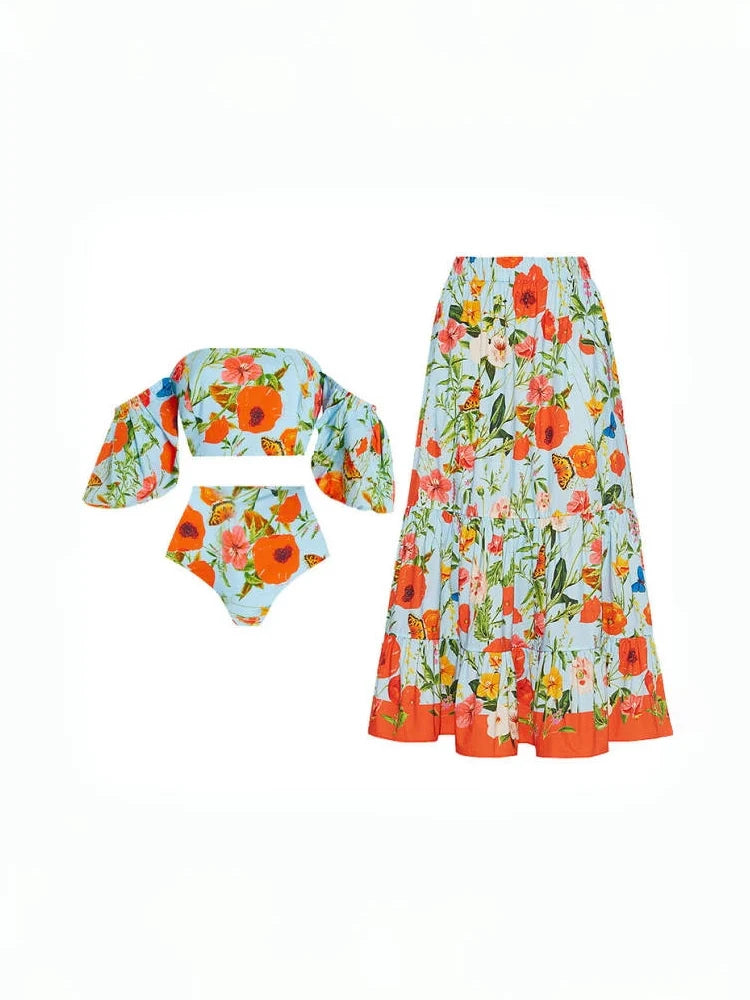 Women's floral puff-sleeve bikini set