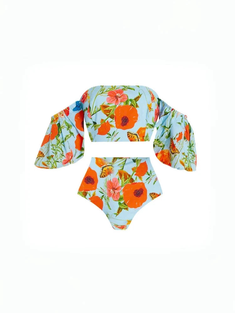Women's floral puff-sleeve bikini set — alternate angle