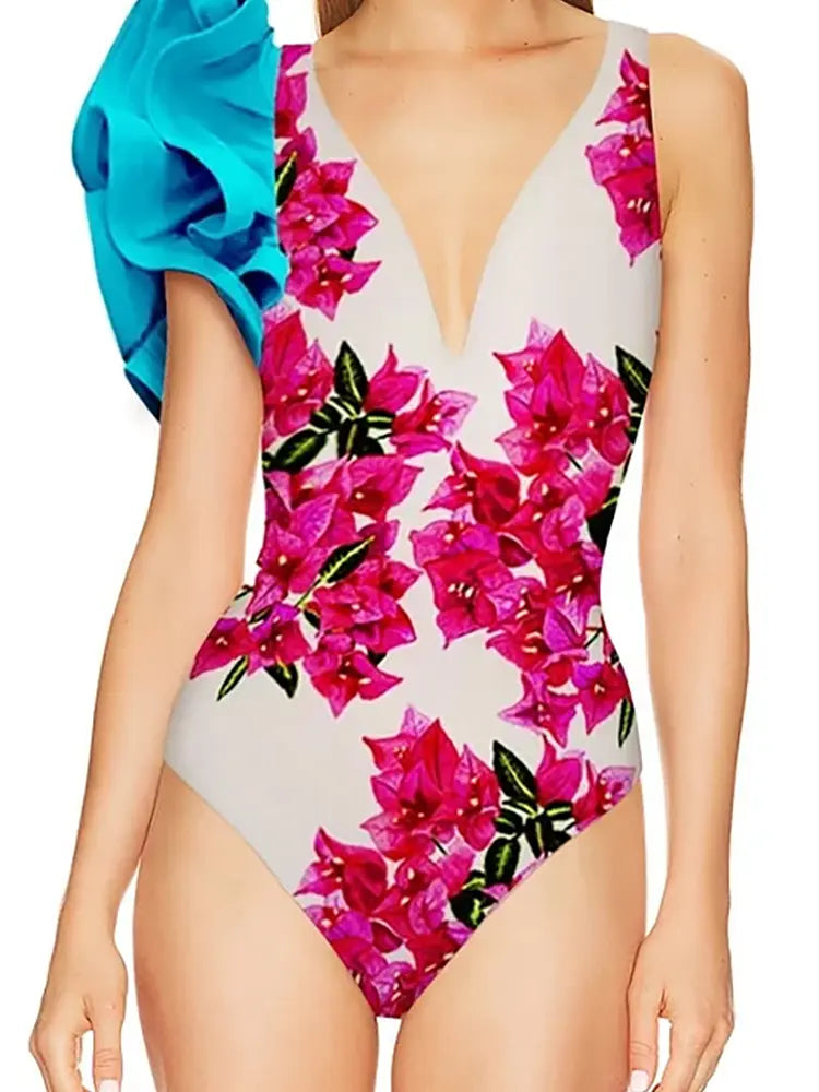 Women's floral ruffle one-piece swimsuit