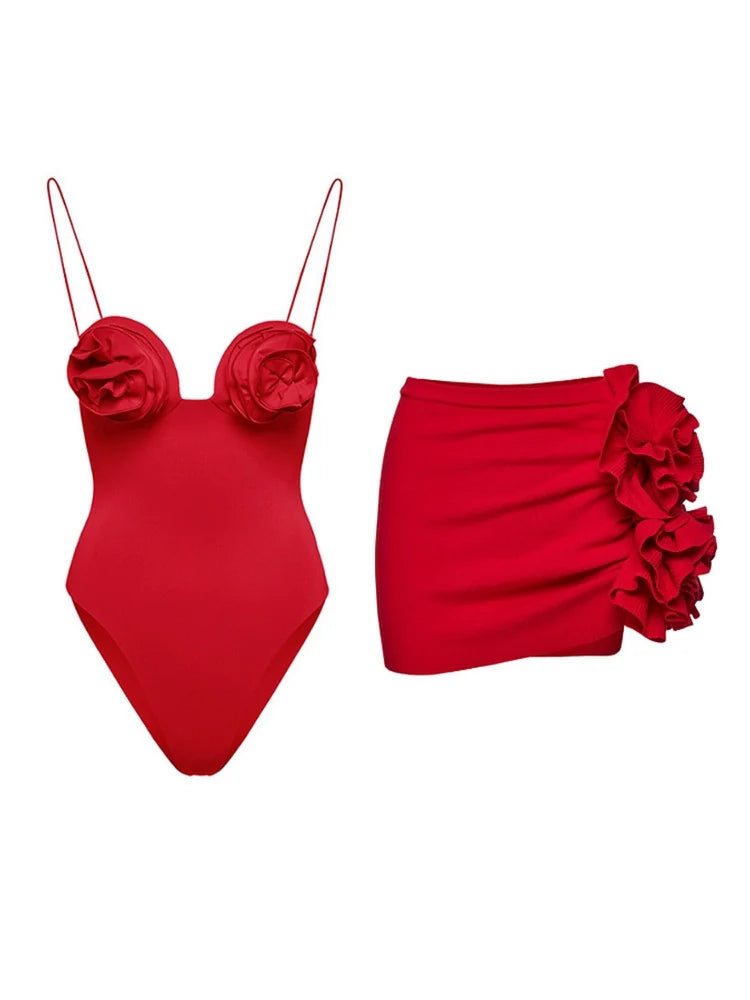 Women's floral appliqué swimsuit skirt set — alternate angle