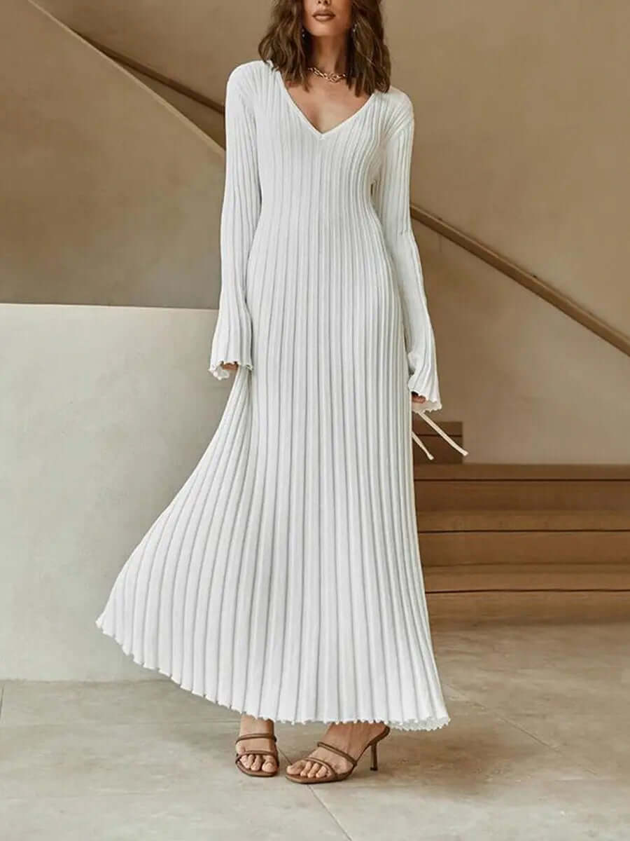 Women's V-neck flounce sleeve knit maxi dress