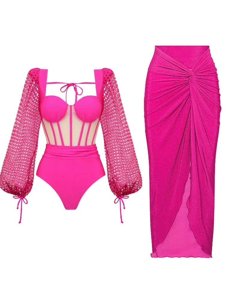 Women's fluorescent pink backless swimsuit