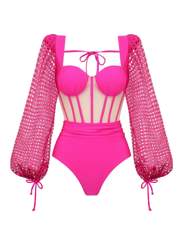 Women's fluorescent pink backless swimsuit — alternate angle