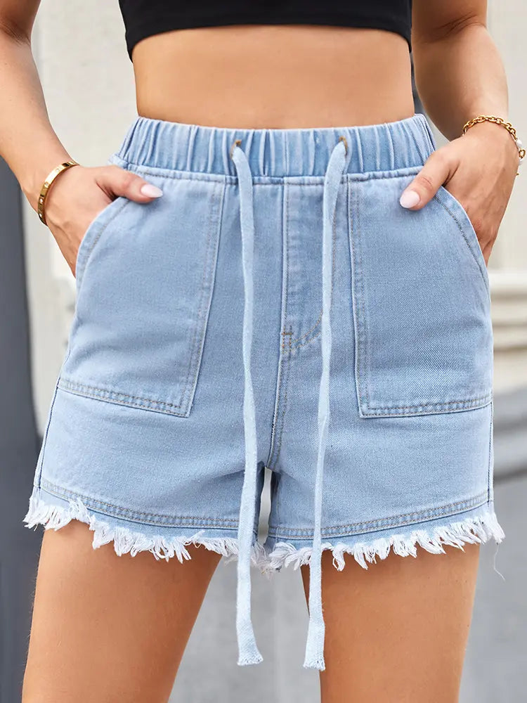 Women's frayed-hem drawstring denim shorts