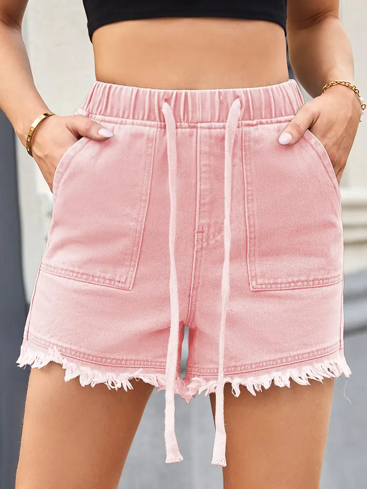 Women's frayed-hem drawstring denim shorts