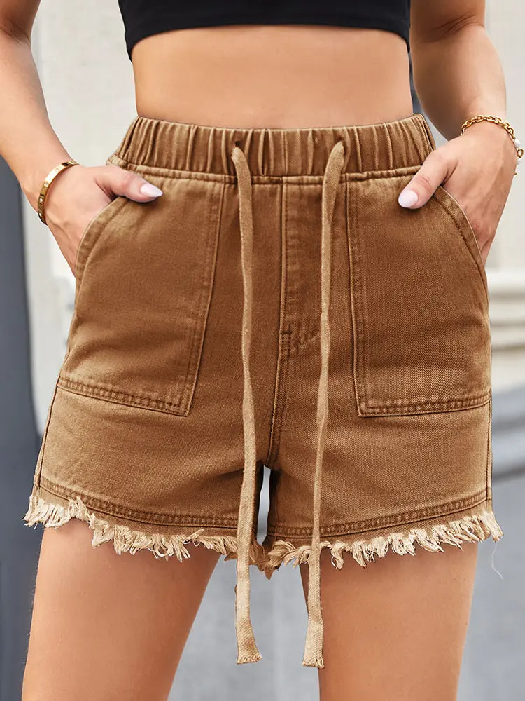Women's frayed-hem drawstring denim shorts