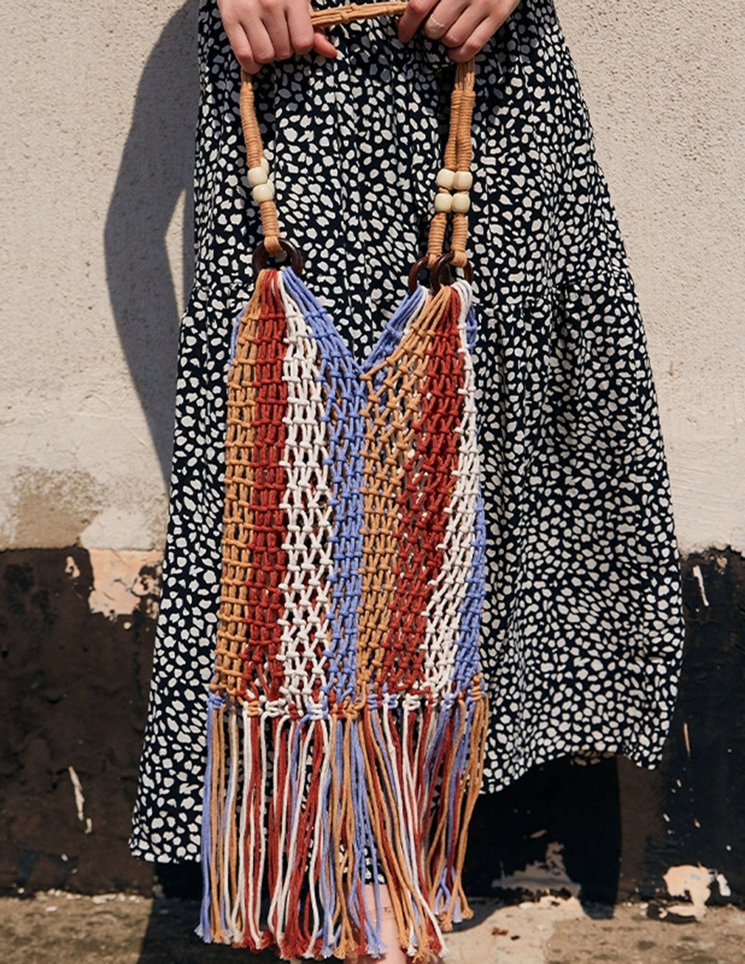 Women's fringe net rope woven shoulder bag