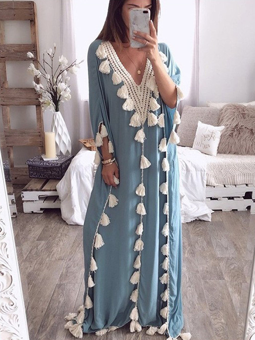 Women's fringed panel V-neck maxi dress