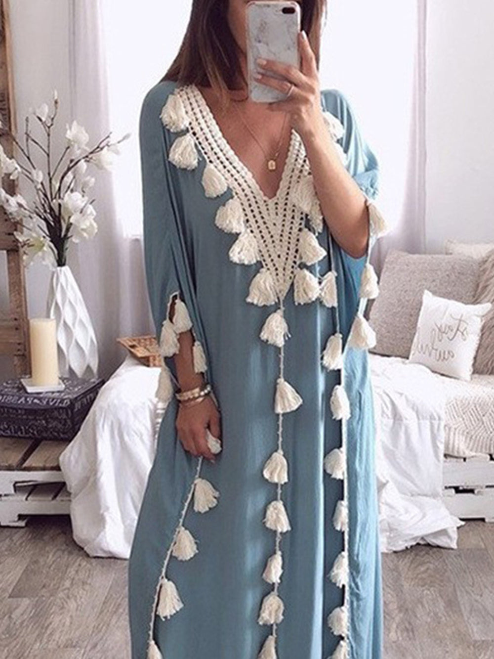 Women's fringed panel V-neck maxi dress — back view