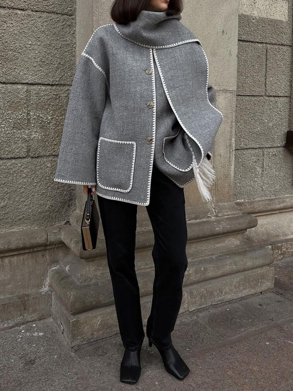 Women's draped fringed wrap jacket — styled detail