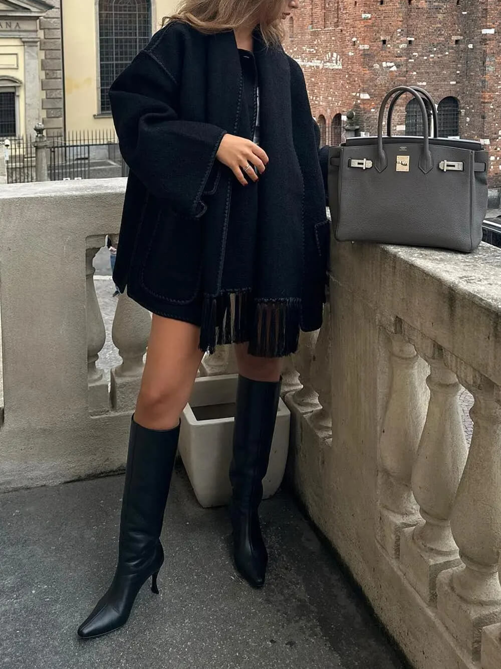 Women's draped fringed wrap jacket — lifestyle detail