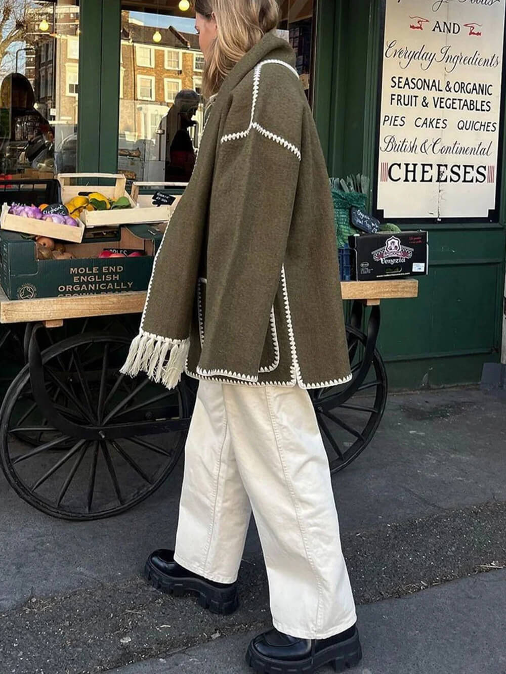 Women's draped fringed wrap jacket — side detail