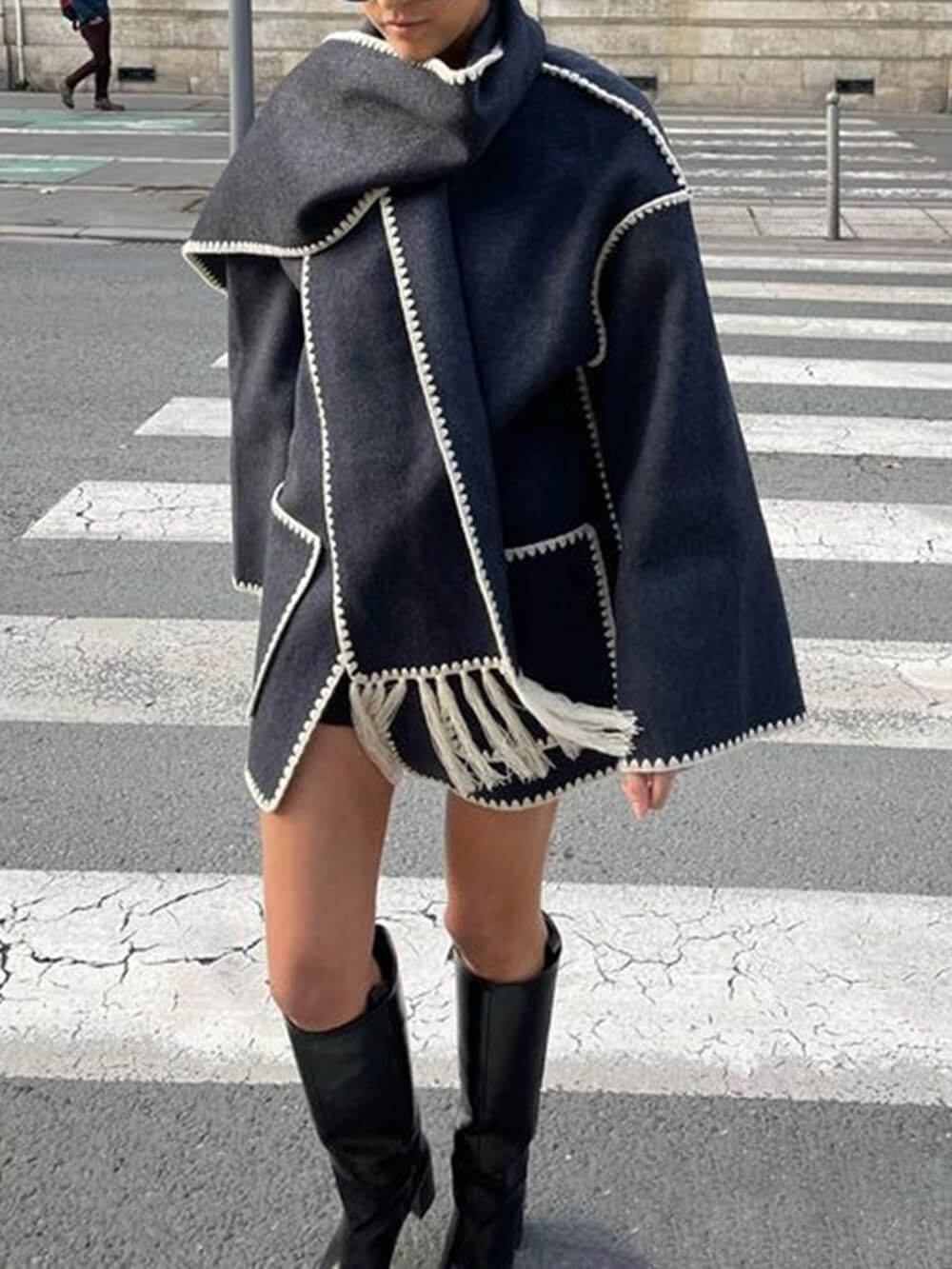 Women's draped fringed wrap jacket — front detail
