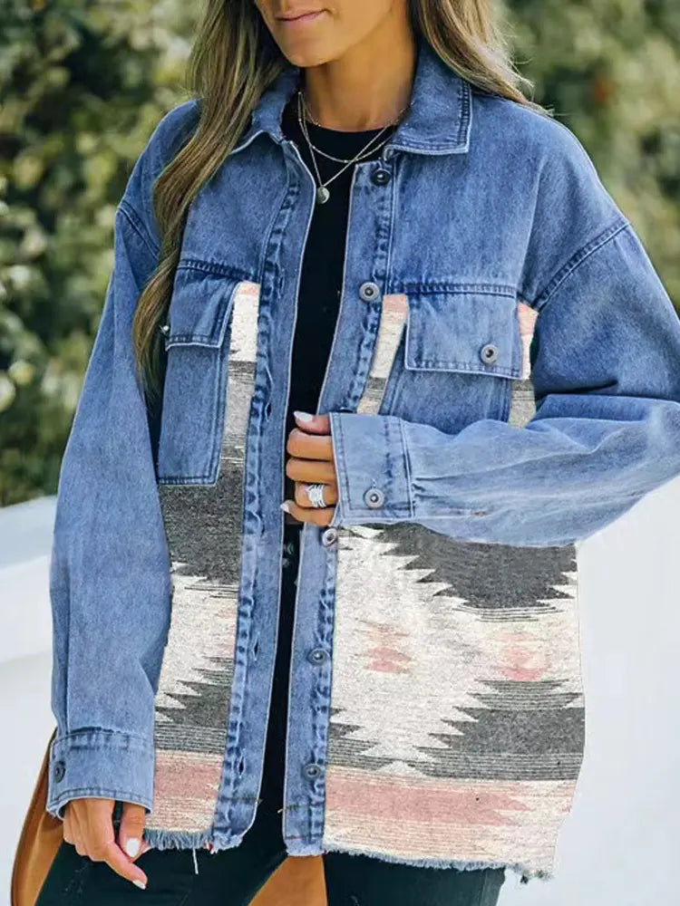 Women's geometric denim patchwork coat - alternate colourway