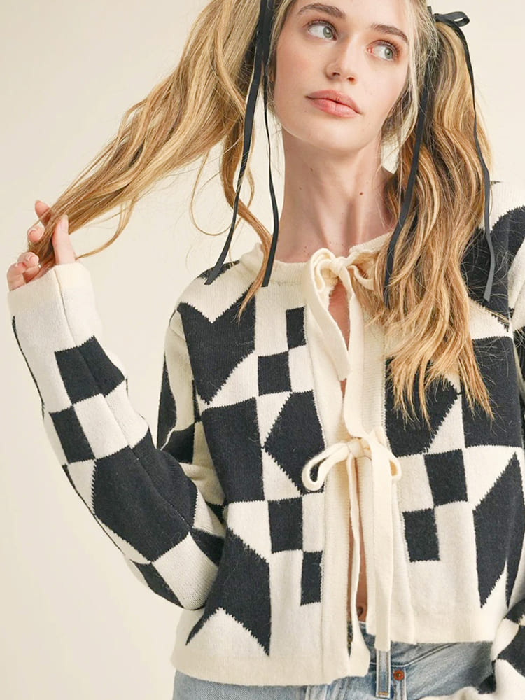 Women's Geometric Lace-Up Cardigan