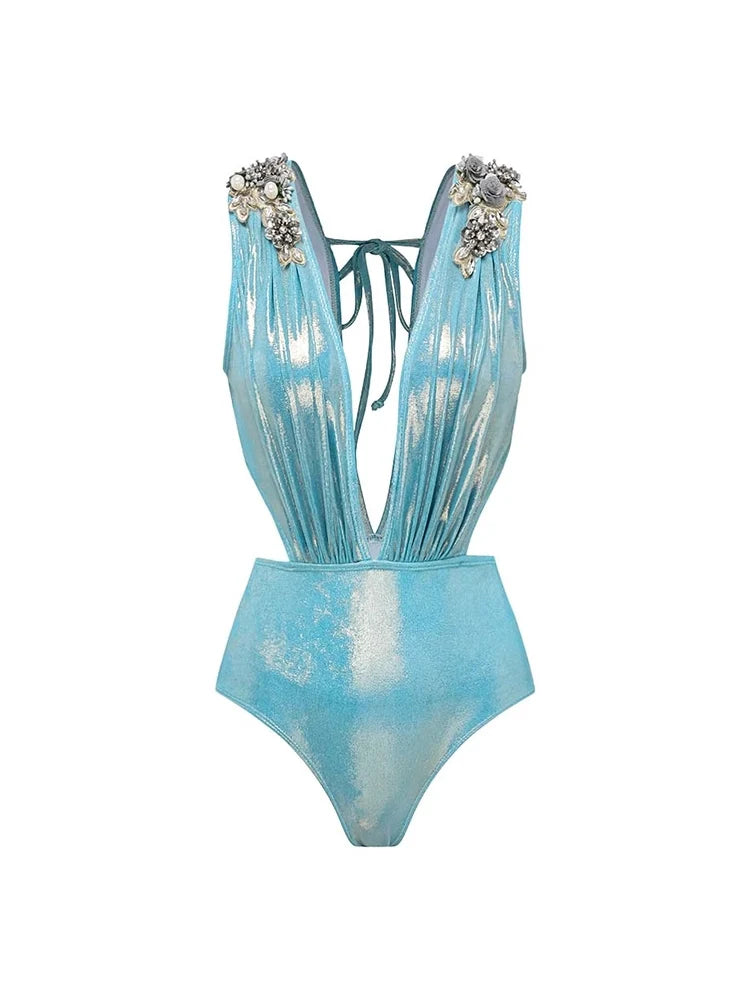 Women's glossy blue butterfly swimsuit — detail