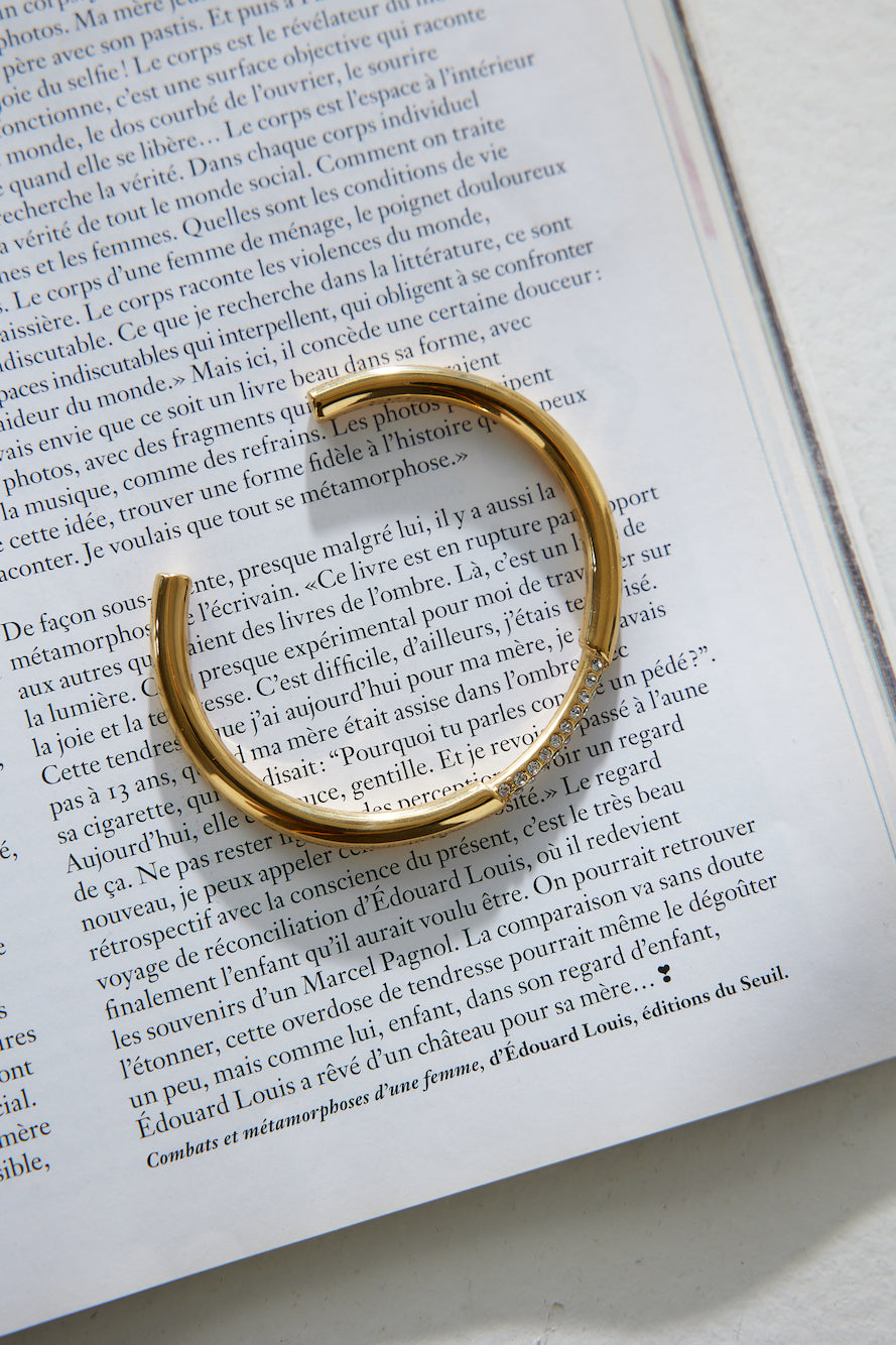 Women's gold diamante open cuff bracelet — alternate angle