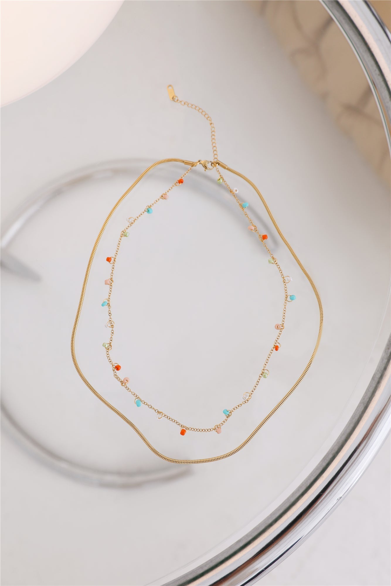 Women's gold double chain beaded necklace