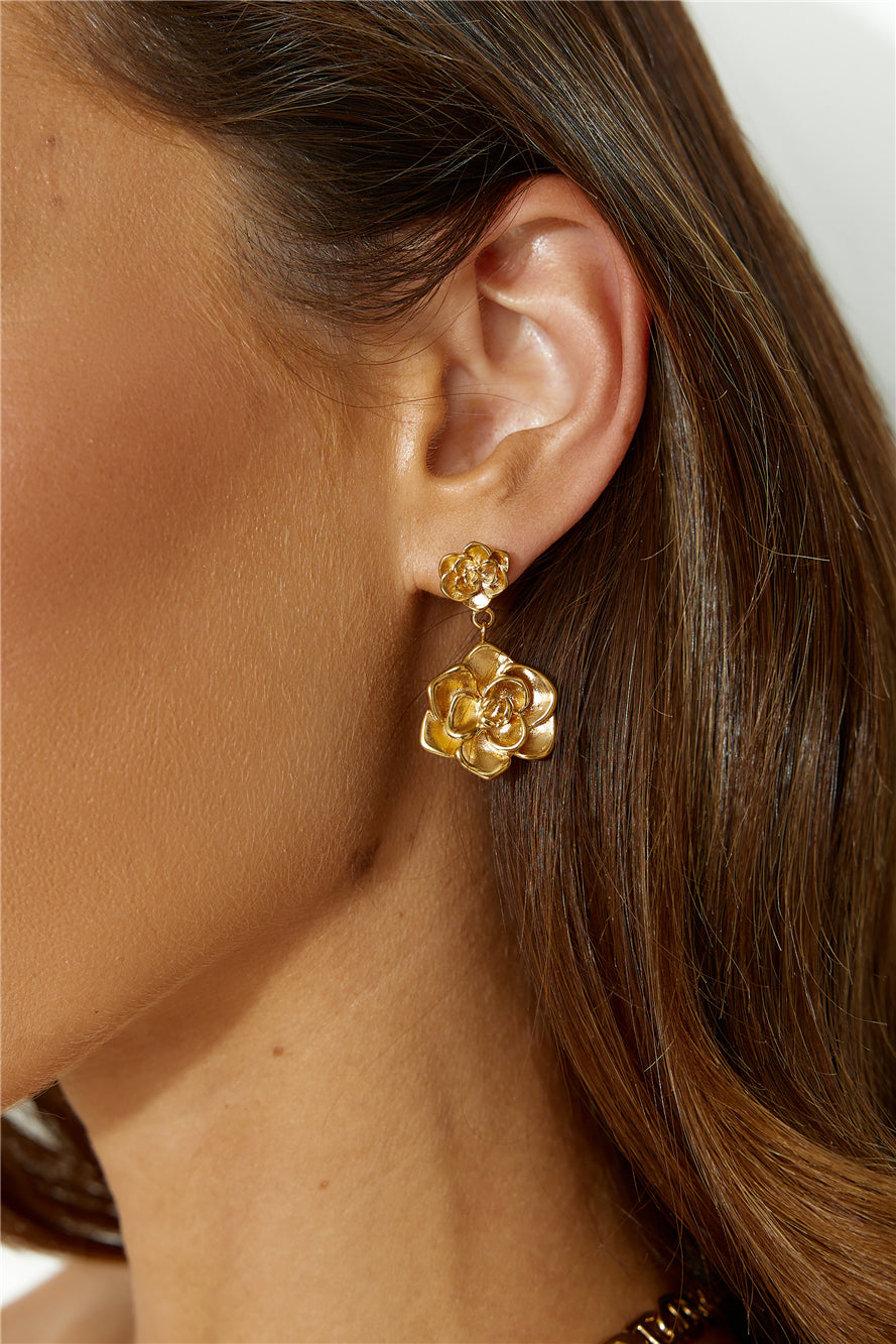 Women's gold double flower earrings — alternate angle