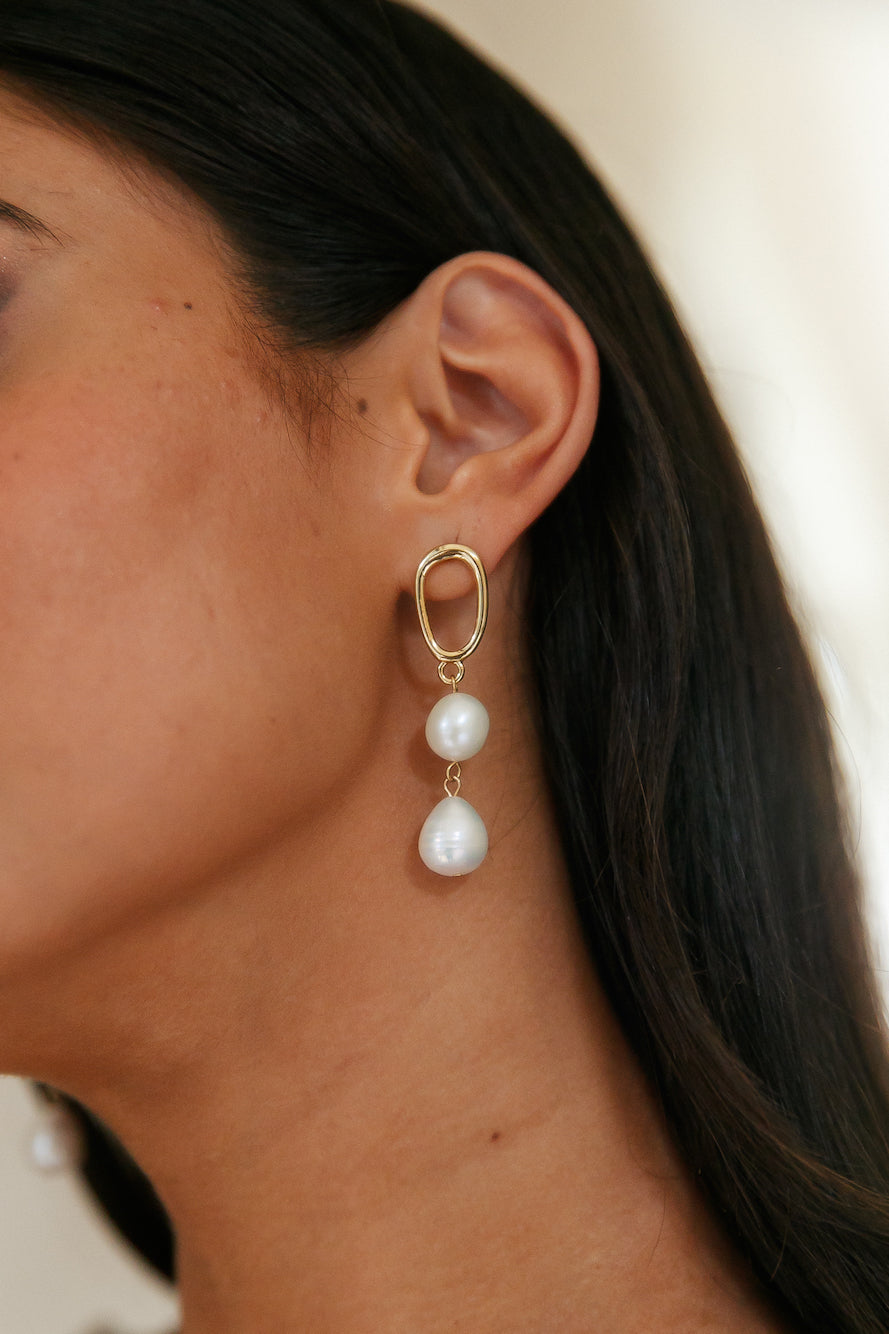 Women's gold double pearl drop earrings