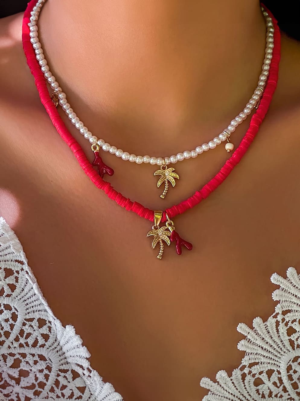 Women's gold layered pearl beach necklace