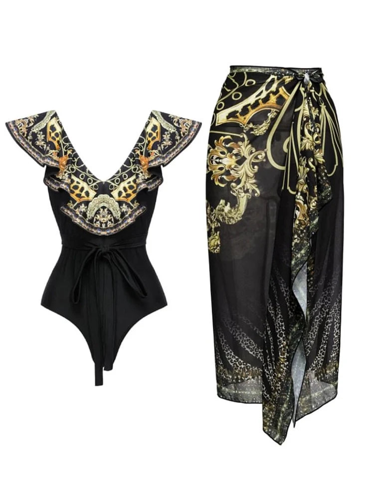 Women's gold print ruffle-tie swimsuit set