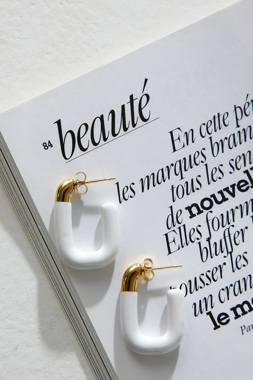 Women's gold white-tone open hoop earrings — alternate angle