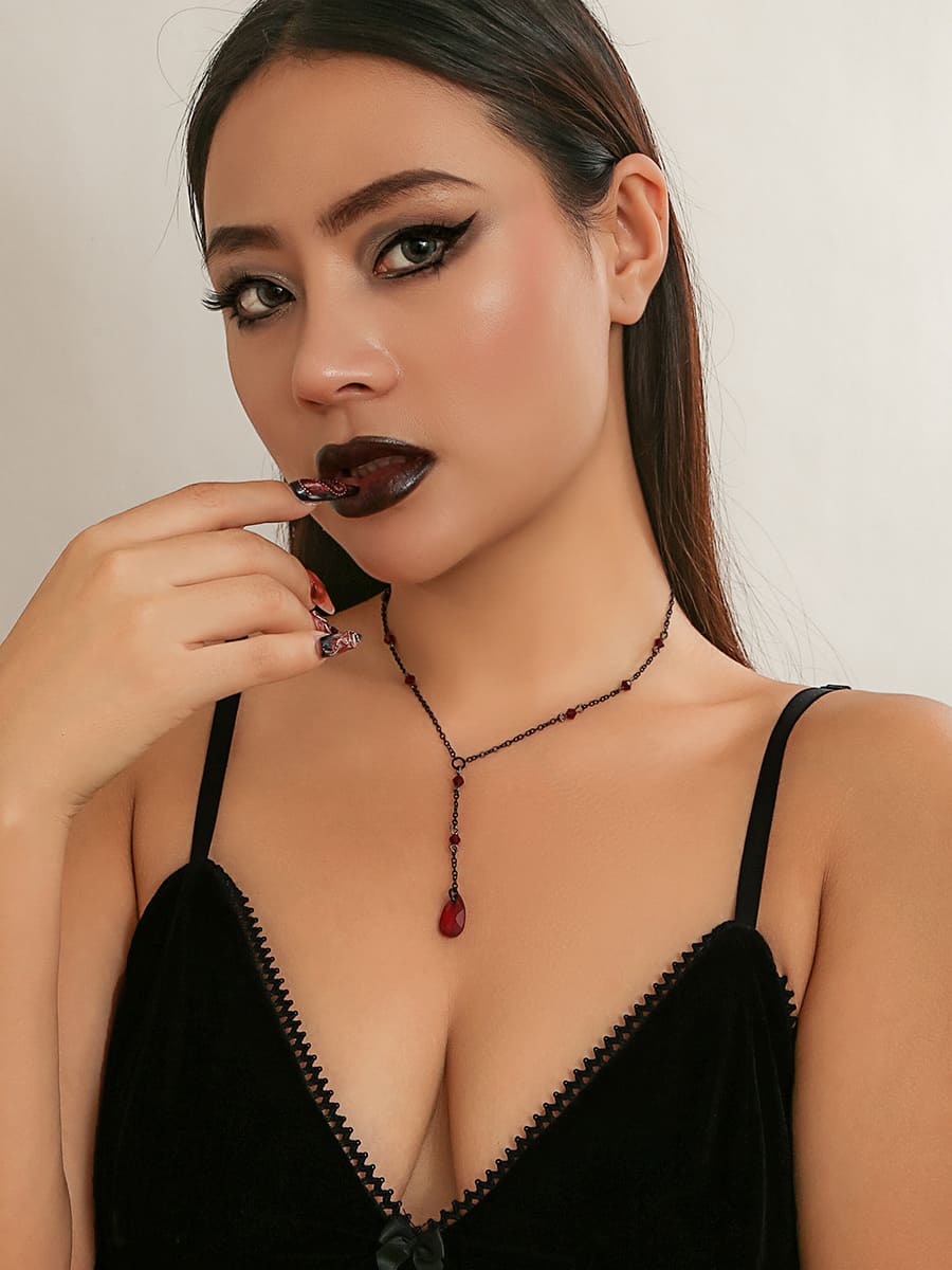 Women's black gothic teardrop crystal necklace — chest chain detail