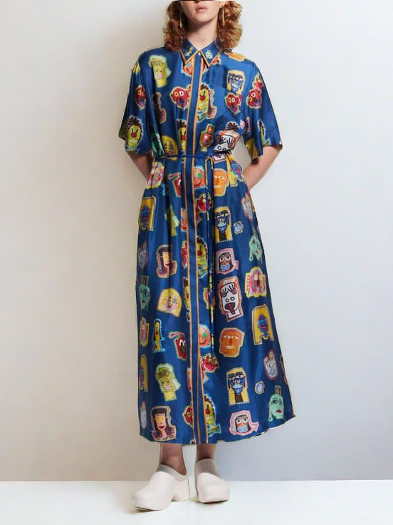 Women's blue graffiti print square neck midi dress