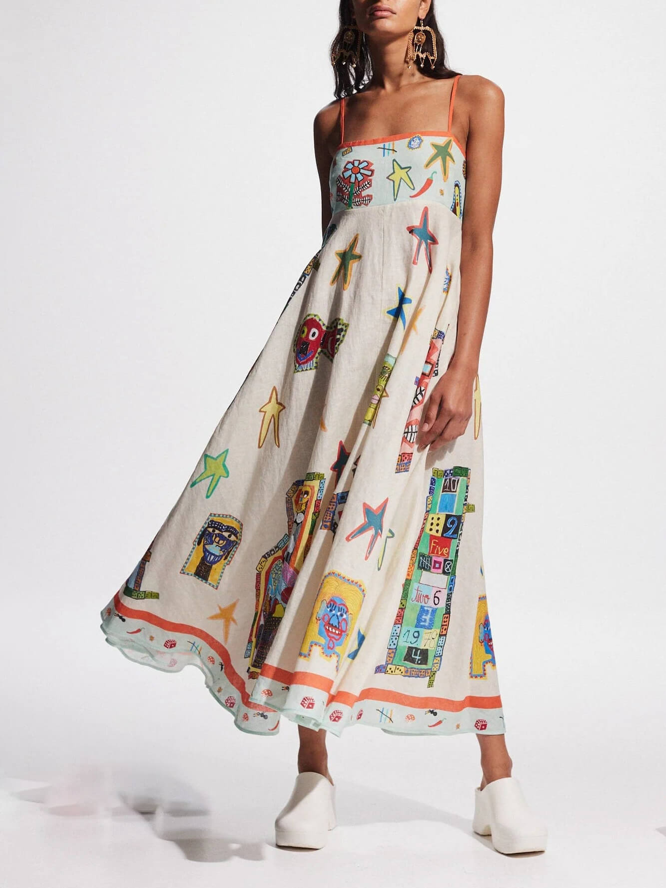 Women's white graffiti print suspender midi dress