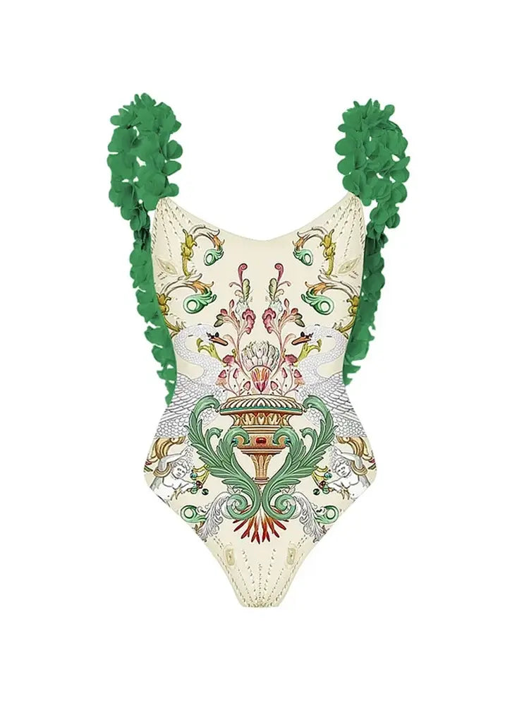 Women's green appliqué backless swimsuit — detail
