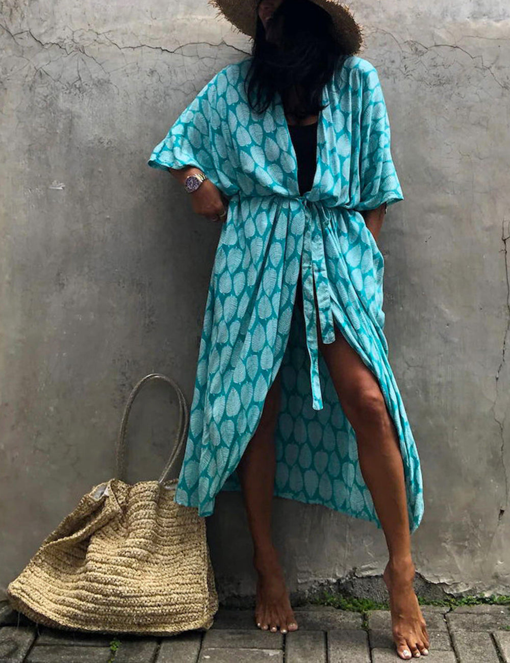 Women's green boho print kimono cover-up - front view