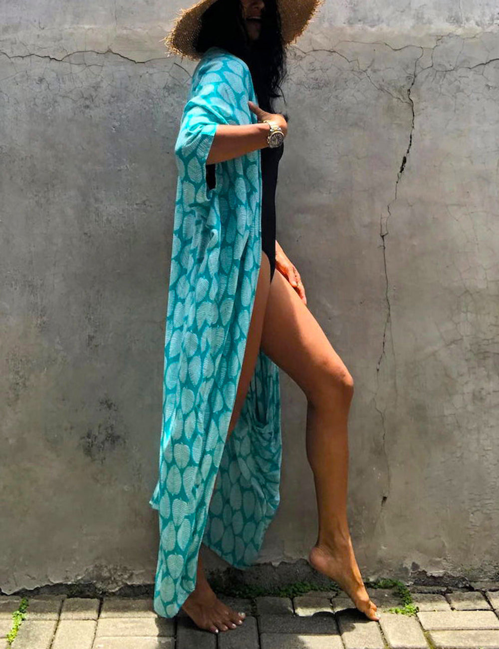 Women's green boho print kimono cover-up - alternate angle