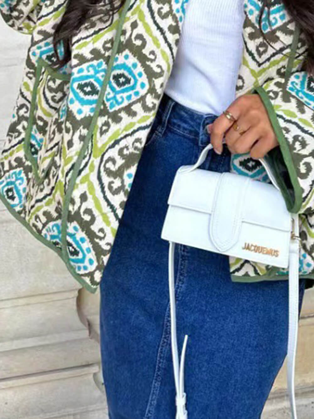 Women's Green Boho Print Stand Collar Coat — open front detail