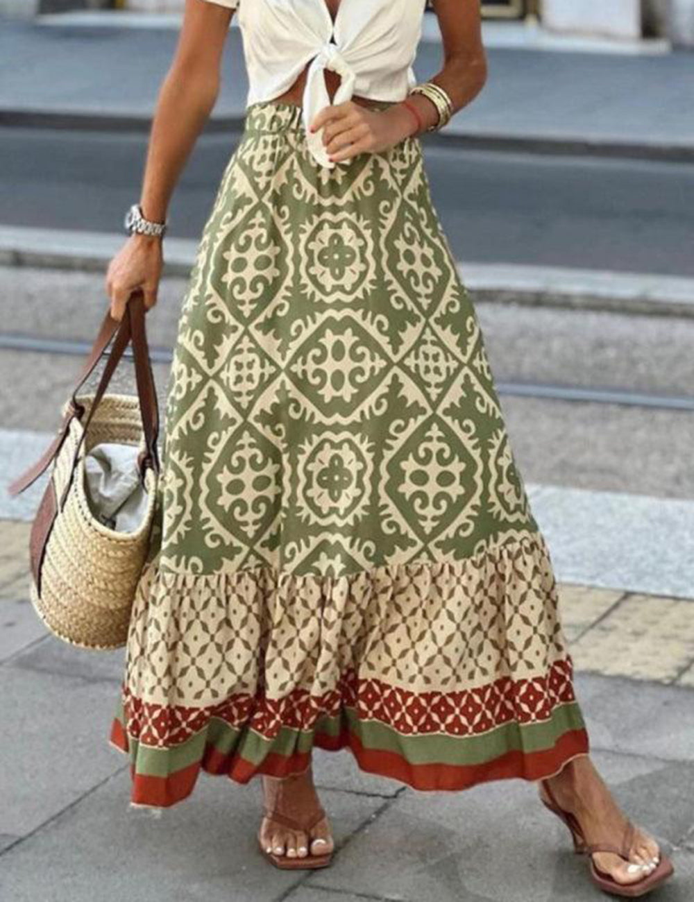 Women's Green Boho Print High-Waist Maxi Skirt