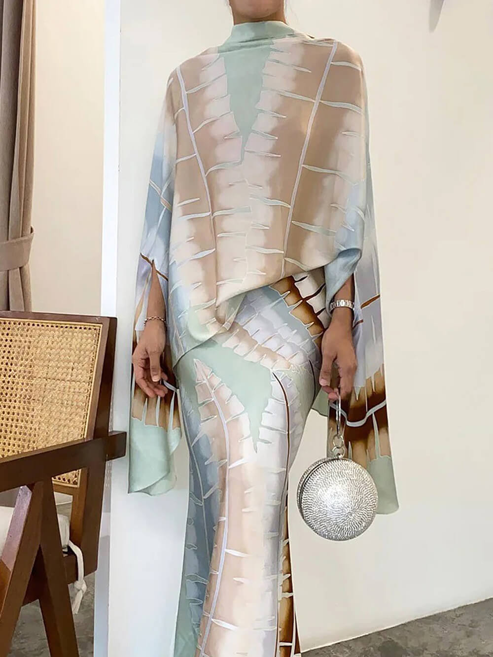 Women's Green Botanical Print Turtleneck Set — back view