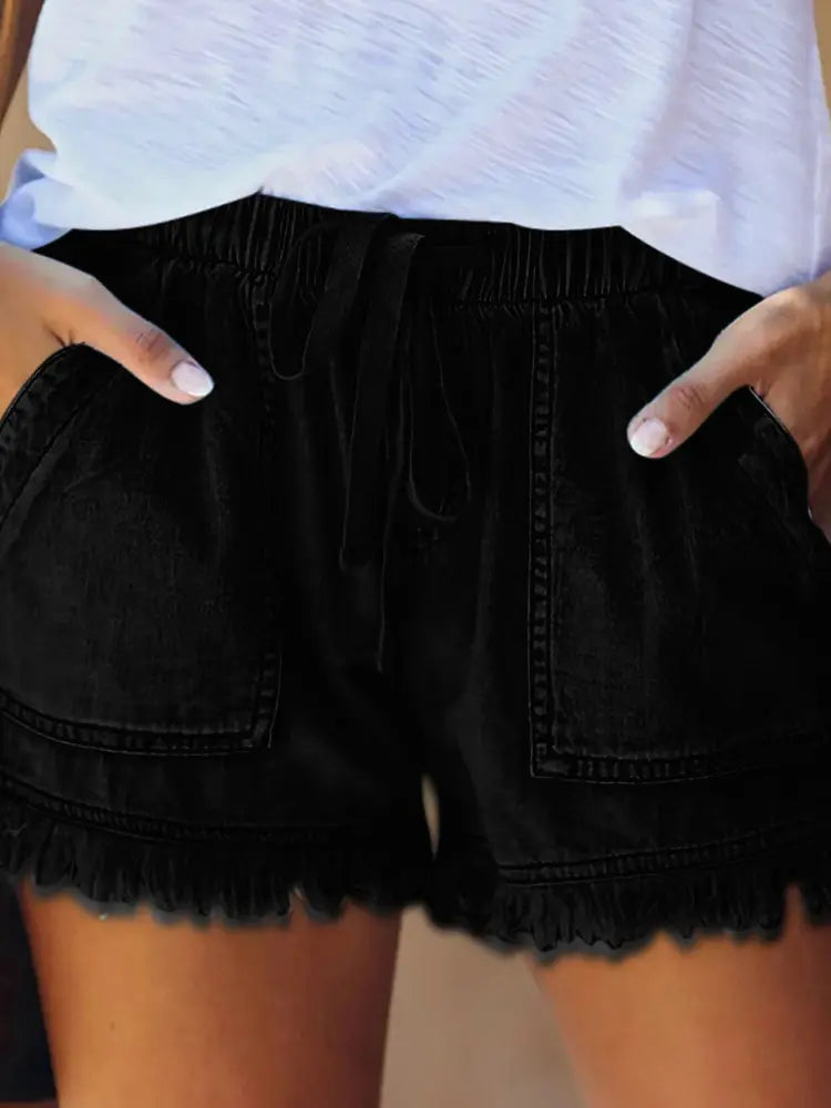 Women's green high-waist drawstring denim shorts