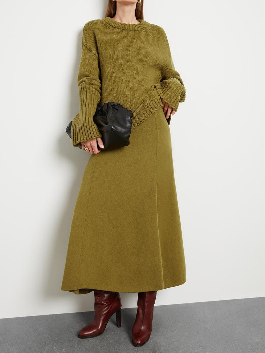 Women's green crewneck jumper and knit skirt set