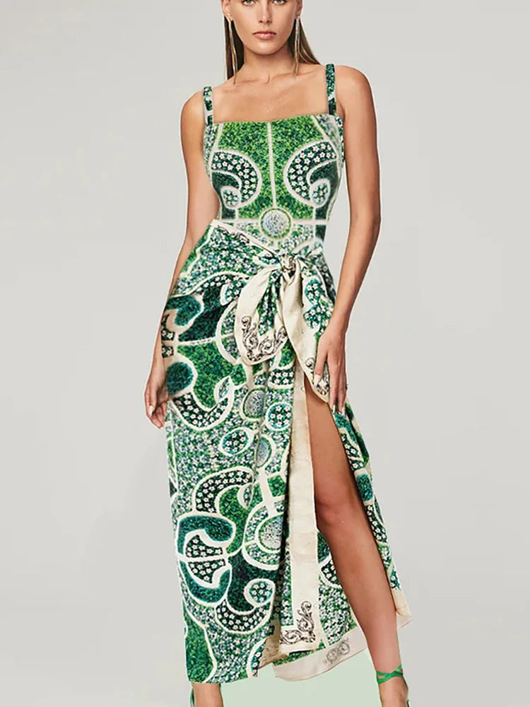 Women's green ethnic print one-piece swimsuit