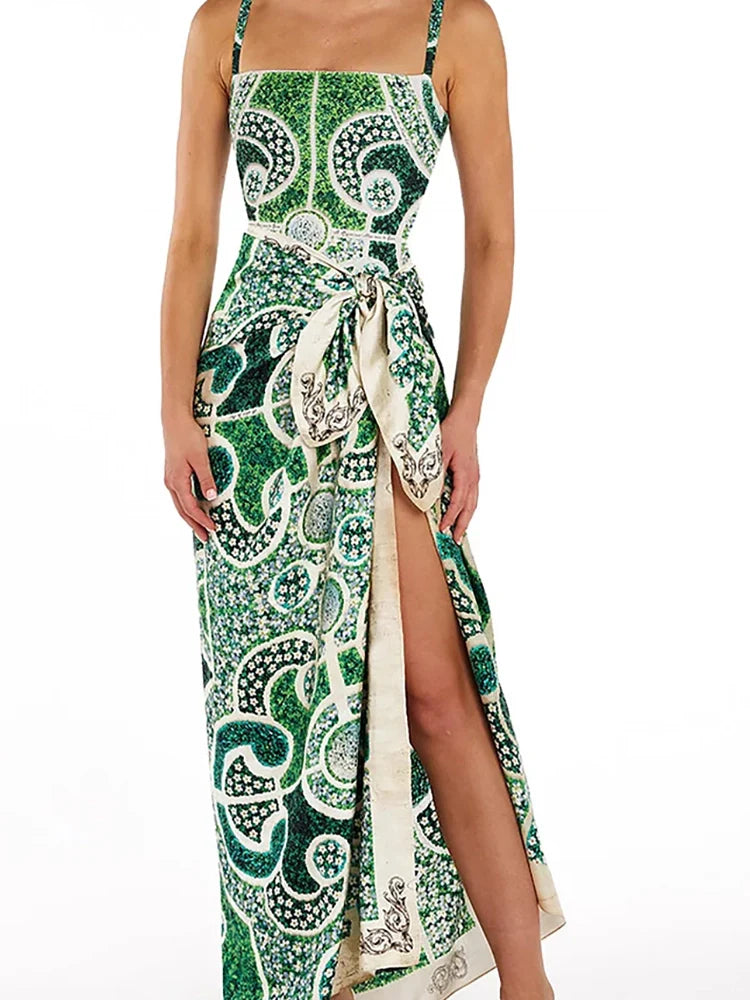 Women's green ethnic print one-piece swimsuit