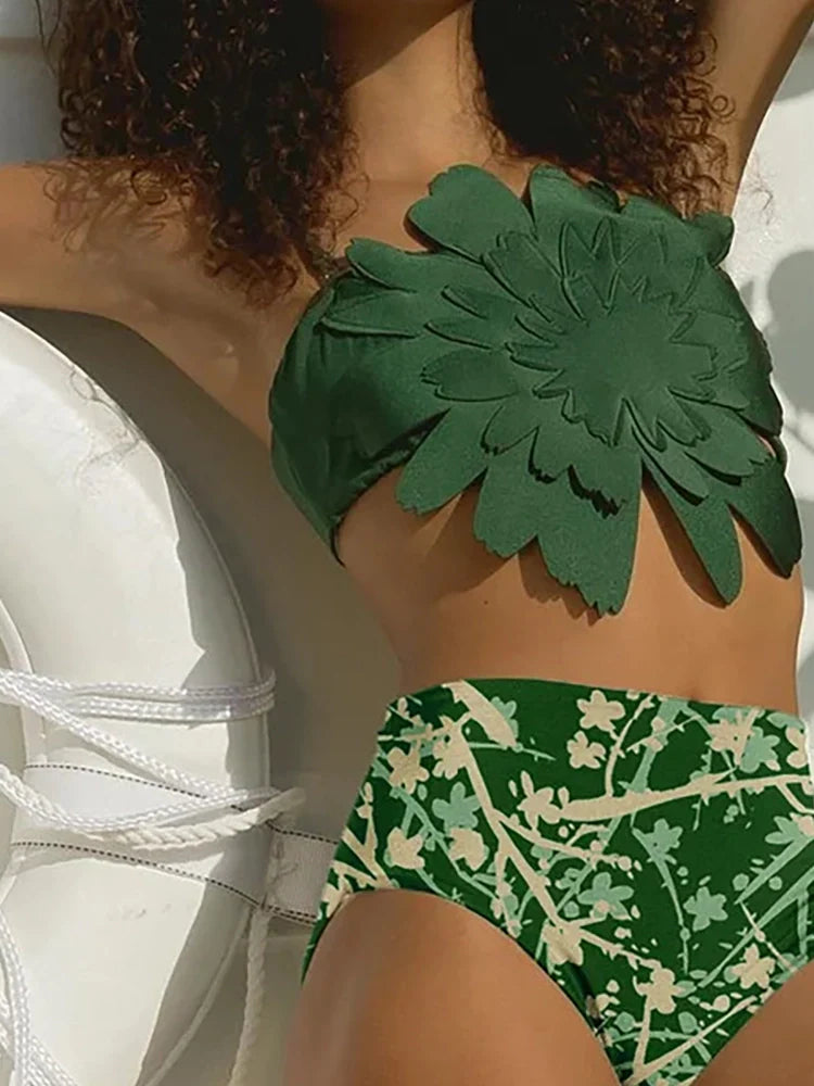 Women's green floral appliqué bikini set