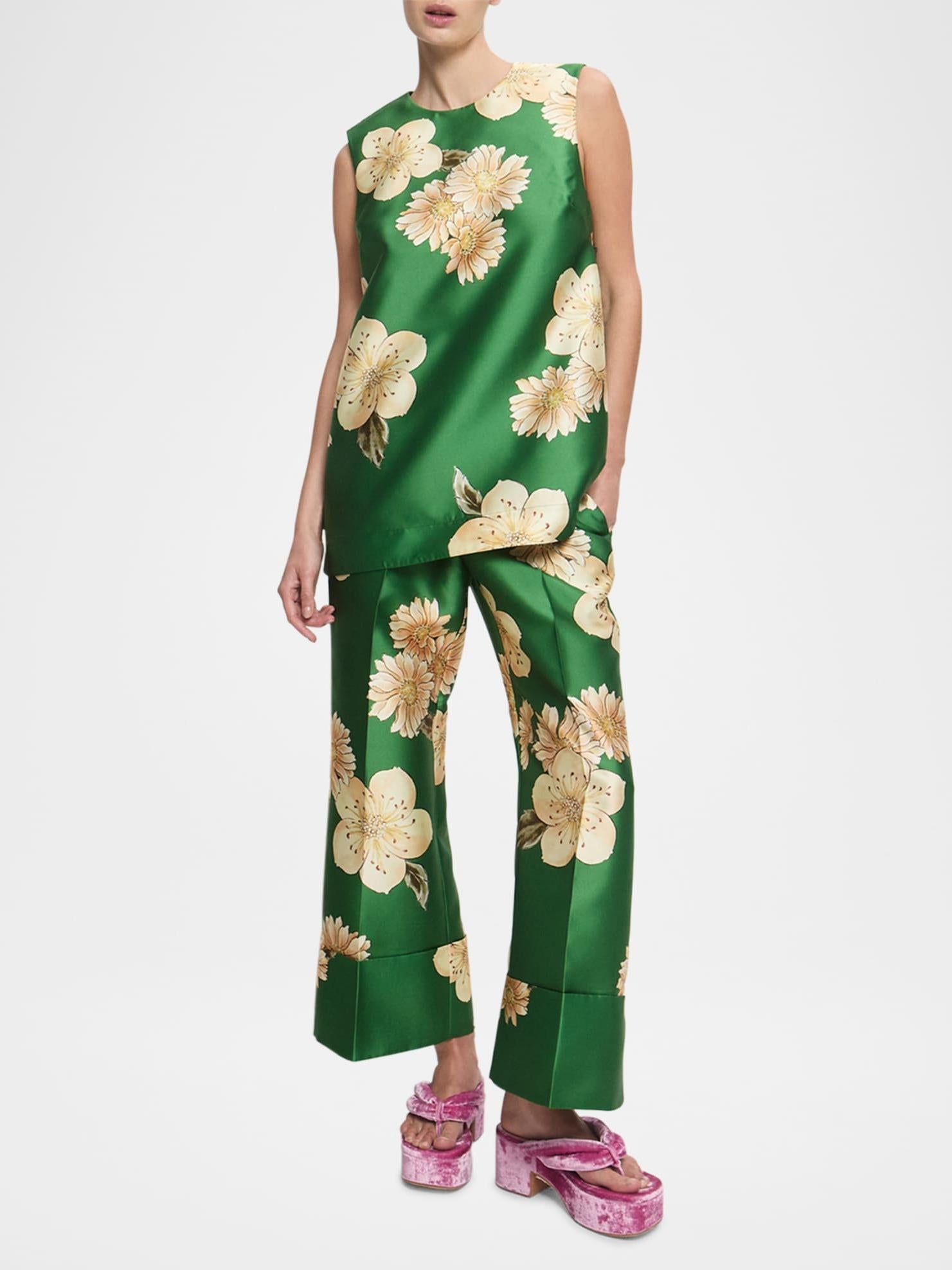 Women's green floral blouse and trouser set
