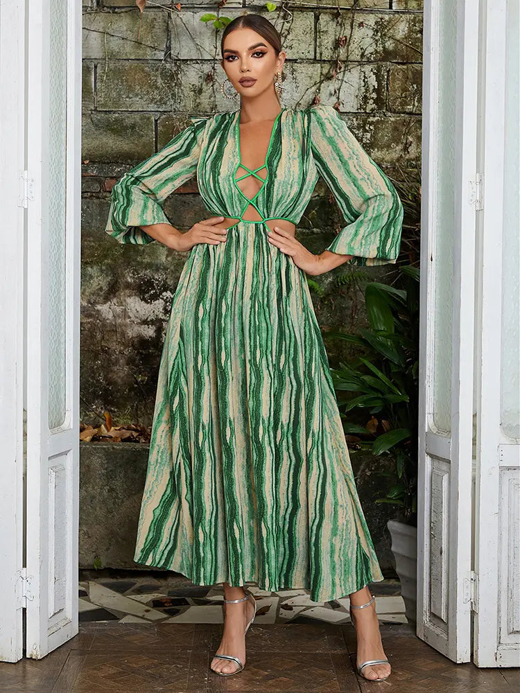 Women's green floral cutout lantern sleeve maxi dress — back view