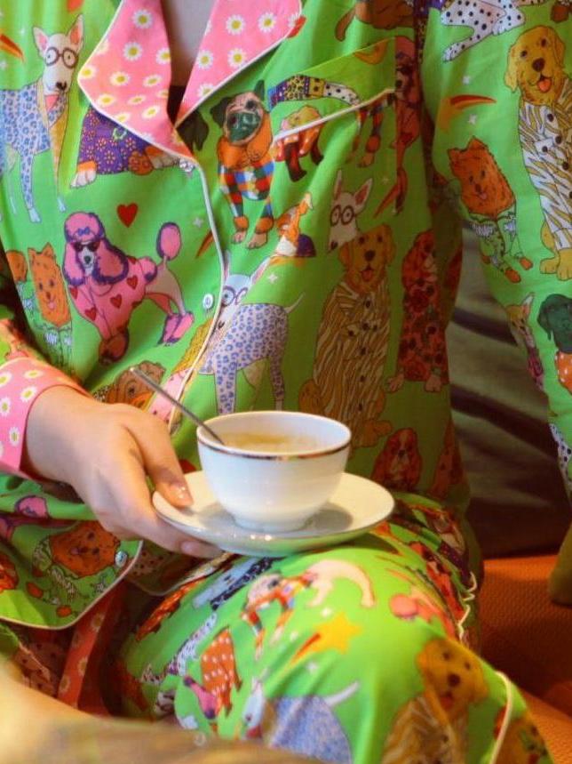 Women's green illustrated print pajama set — full length
