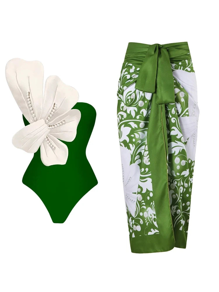 Women's green pearl floral swimsuit set