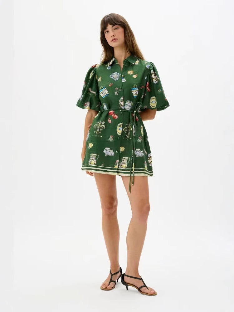Women's Green Puff Sleeve Mini Dress