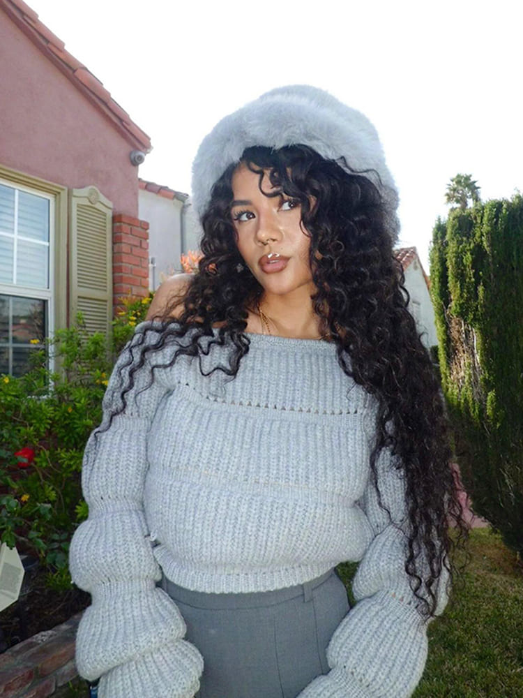 Women's Grey Lantern Sleeve Crop Jumper