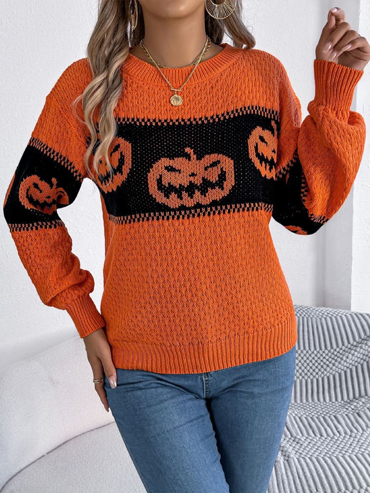 Women's grey pumpkin colour-block crew jumper