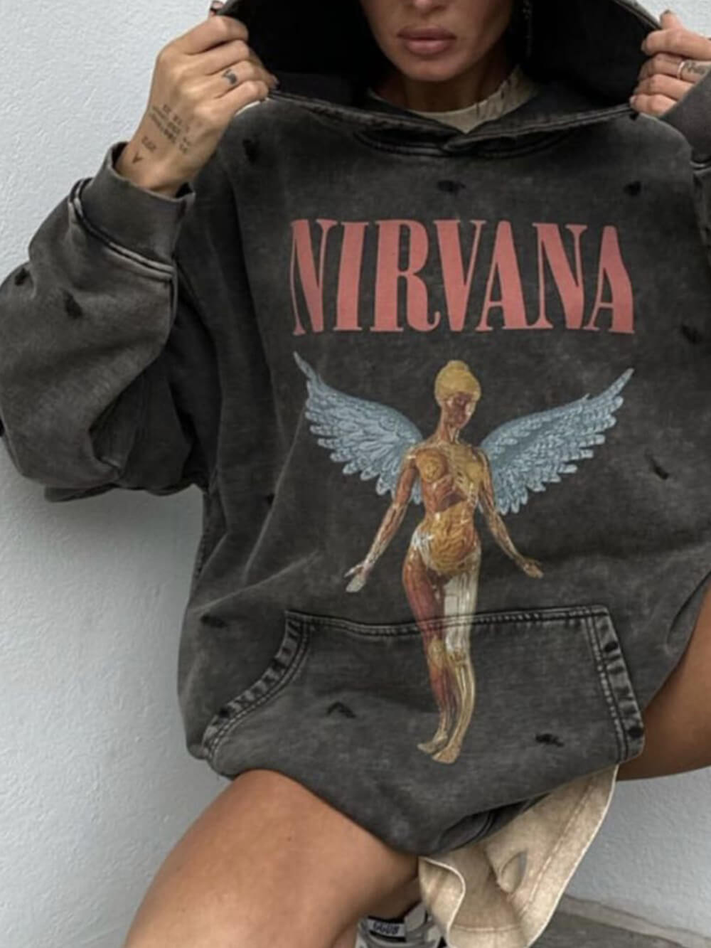 Women's Grey Retro Graphic Hooded Sweatshirt