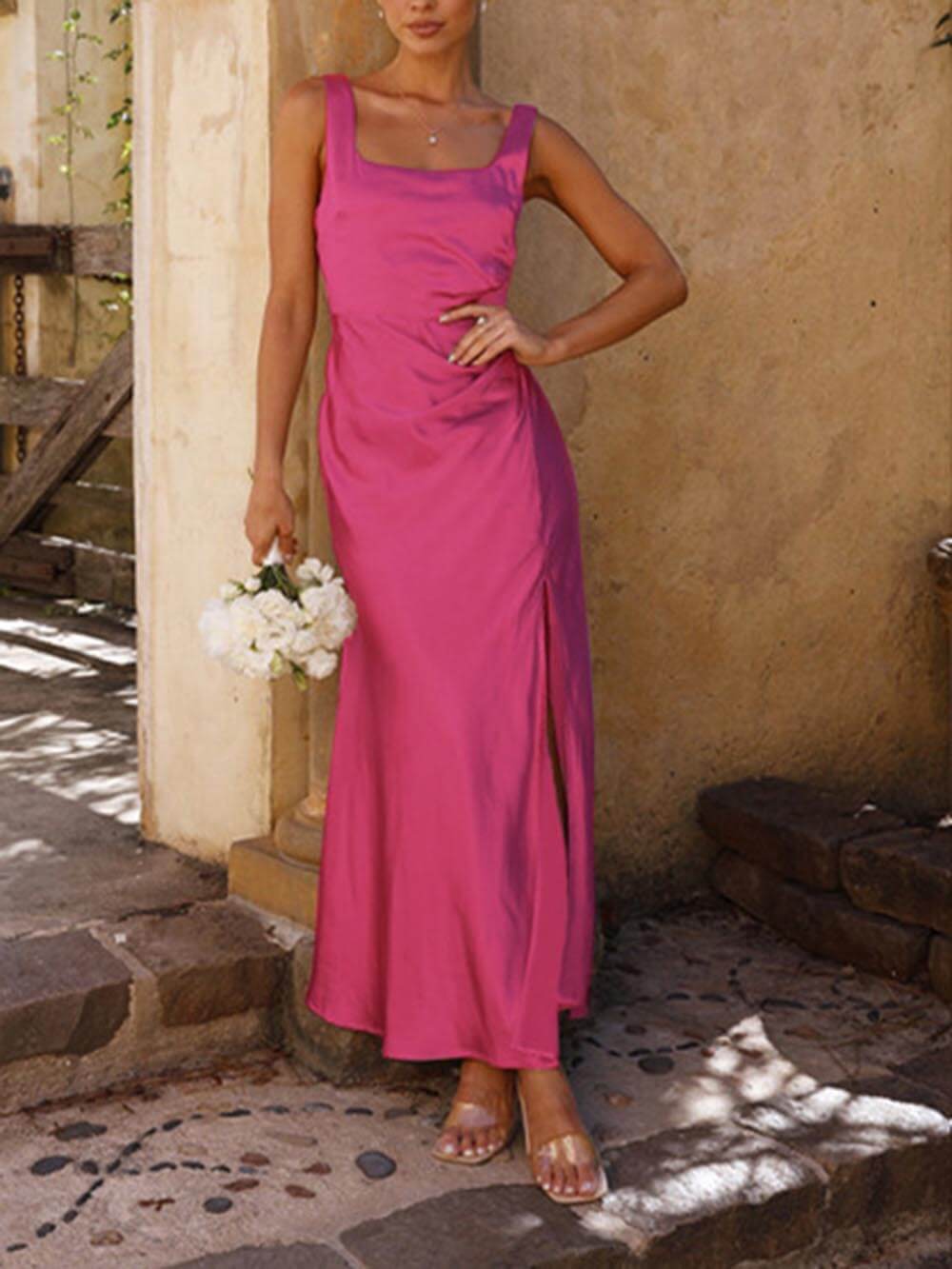 Women's halter satin bridesmaid midi dress